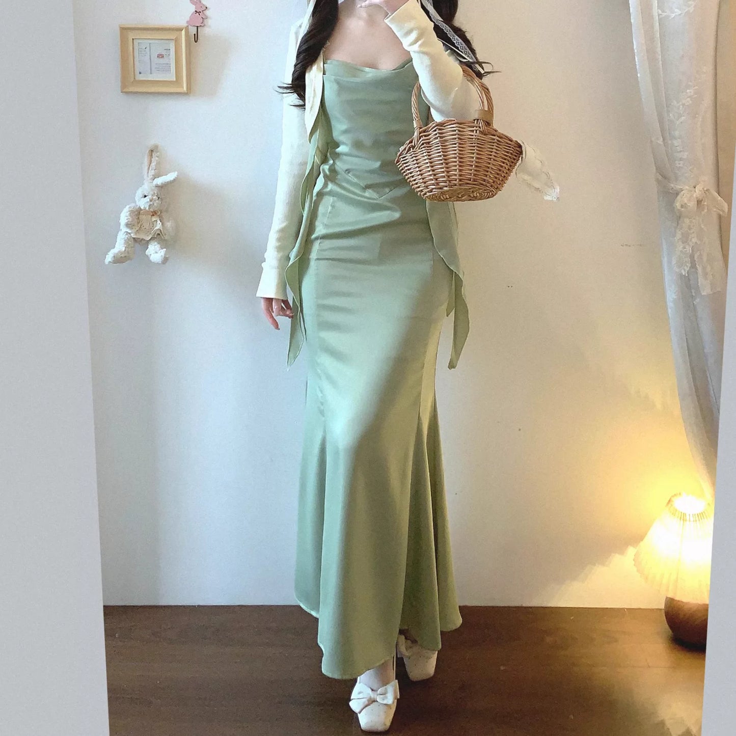 Last-Stock Ssz Green Satin French Romantic Vintage Sweetheart Neck Draped Tie Fitted Mermaid Elegant Slip Dress