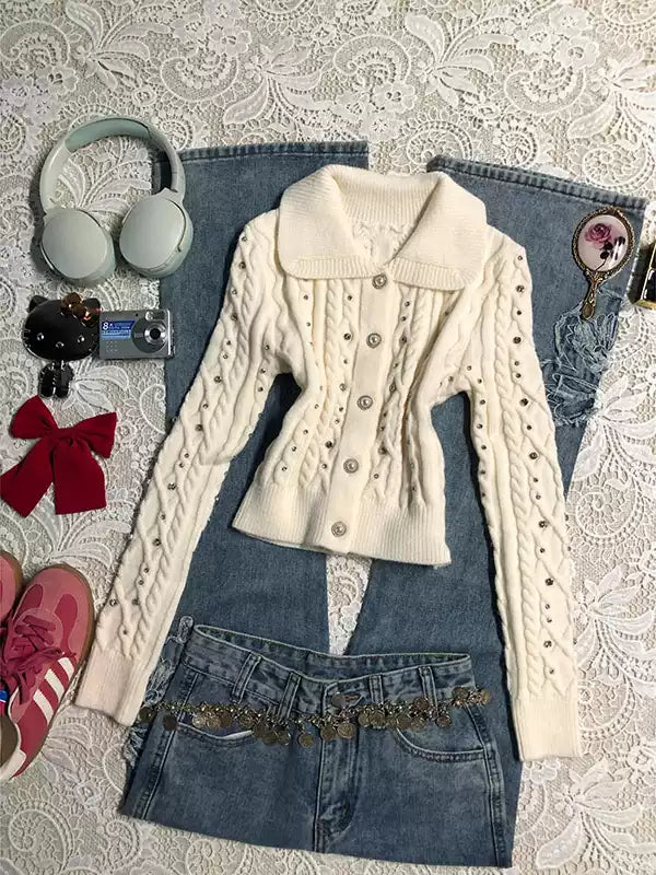 diamond-encrusted soft waxy sweater jacket