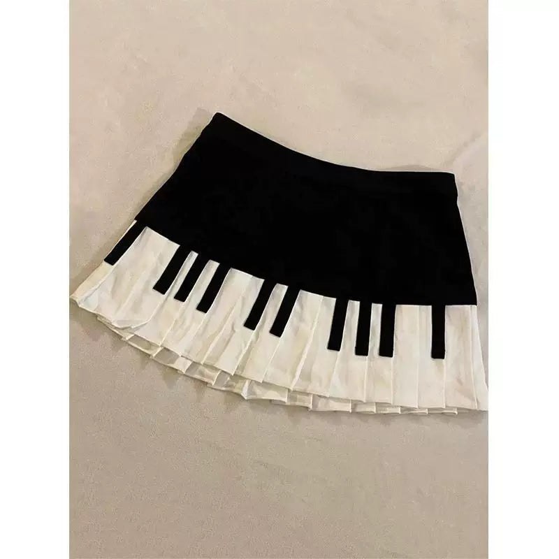Vintage Art Dress Spring Summer Aesthetic Vintage Black and White Piano Key Mini Skirt for Women Student Y2K Outfit