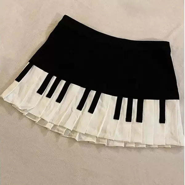 Vintage Art Dress Spring Summer Aesthetic Vintage Black and White Piano Key Mini Skirt for Women Student Y2K Outfit