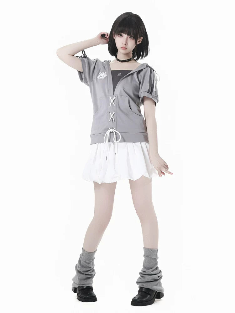 PinkSavior 【Cute Bunny Pitcher】 Grayish Summer Ballgown Dress Outfit with Ruffles, Drawstring Waist and Bow-Tie Belt