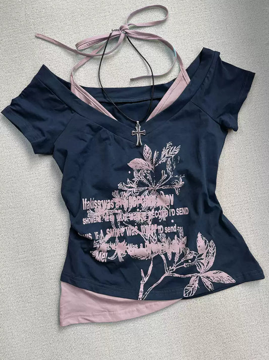 Blue off-shoulder short-sleeved T-shirt