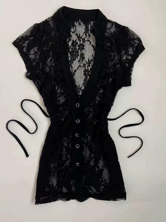 Black Lace V-Neck Slim-Fit Short-Sleeve Blouse for Women—Summer Versatile, Sexy & Elegant Top