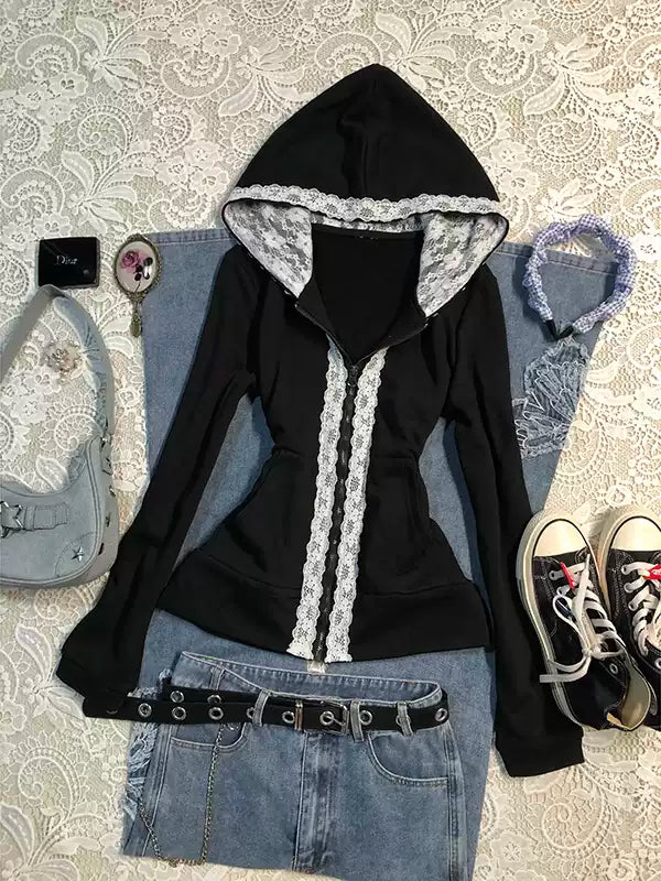 Black lace stitching sweatshirt jacket