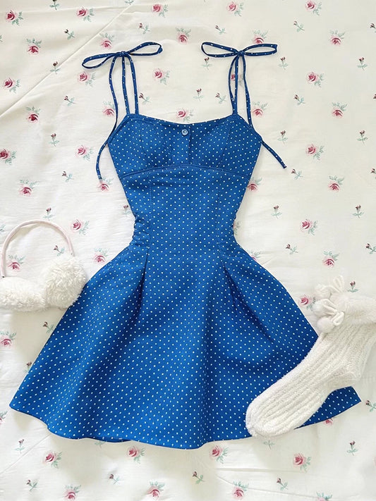 Blue Polka Dot Fitted Waist-Snug Summer Sundress with Slimming Effect, Fresh and Chic, Boutique Spaghetti Strap Dress for Women