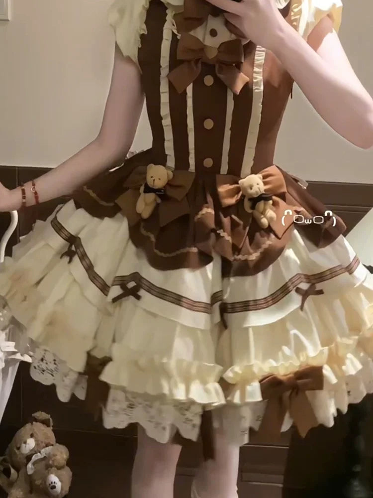 Sweet & Lovely Cocoa Brown Bear Lolita Short-Sleeve Dress Outfit in Brown – Everyday OP Lolita Ensemble for Women
