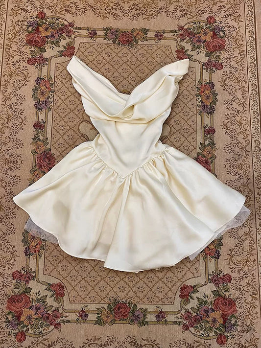 French-Style White Slip Dress Summer Vintage Cinched Waist Slimming Dress with Design Details
