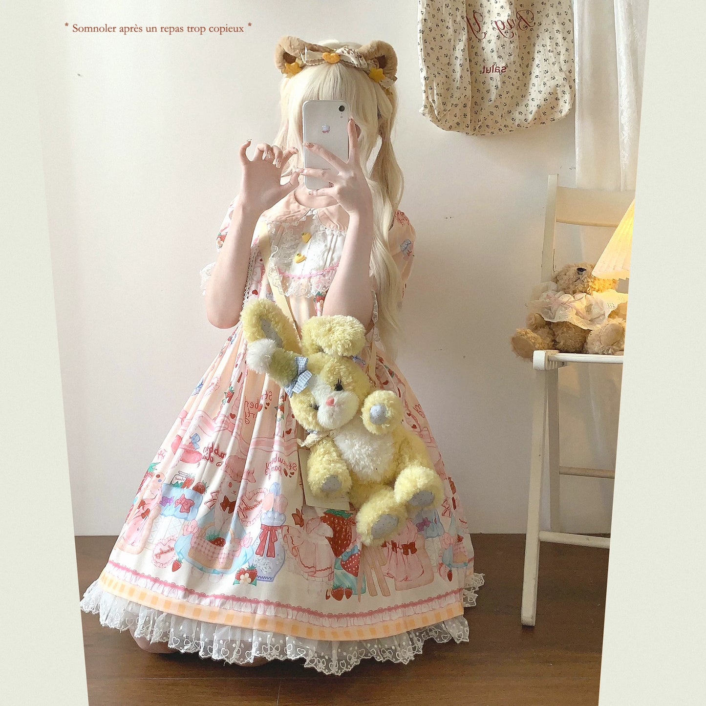 Last-Call HGL Soft Girl Sweet Heart Clasp Doll Collar Contrast Lace Cute Strawberry &amp; Little Bunny Print Dress