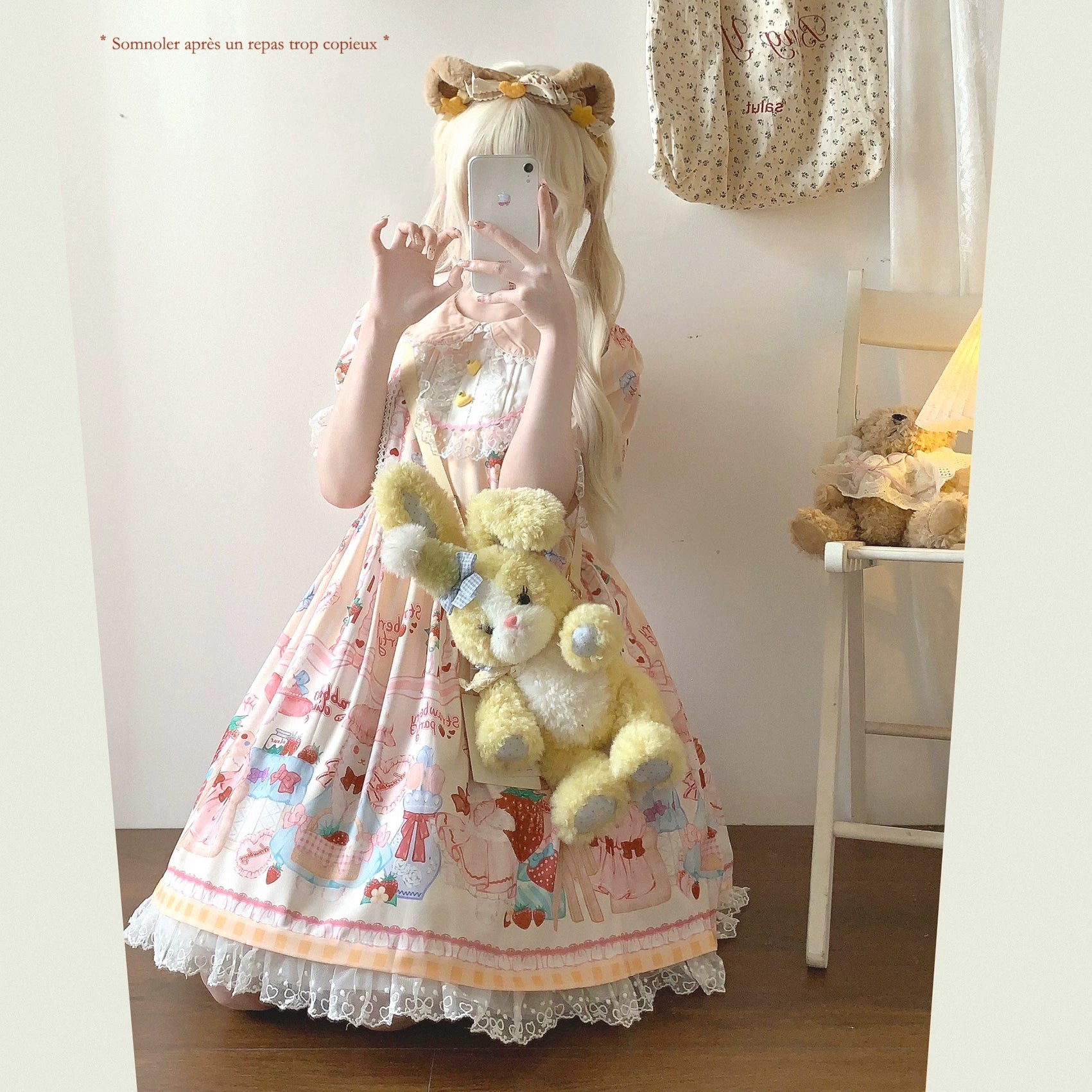 Last-Call HGL Soft Girl Sweet Heart Clasp Doll Collar Contrast Lace Cute Strawberry &amp; Little Bunny Print Dress