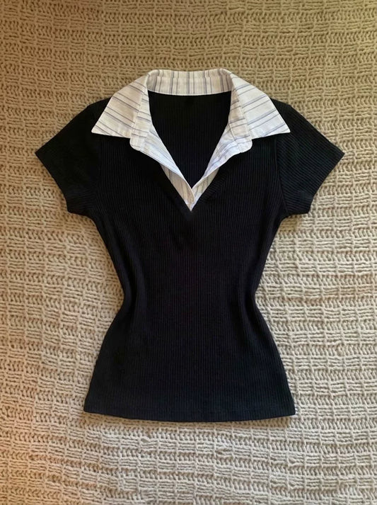 Y2K Black Polo Top | Vintage Two-Piece Fitted T-Shirt for Women