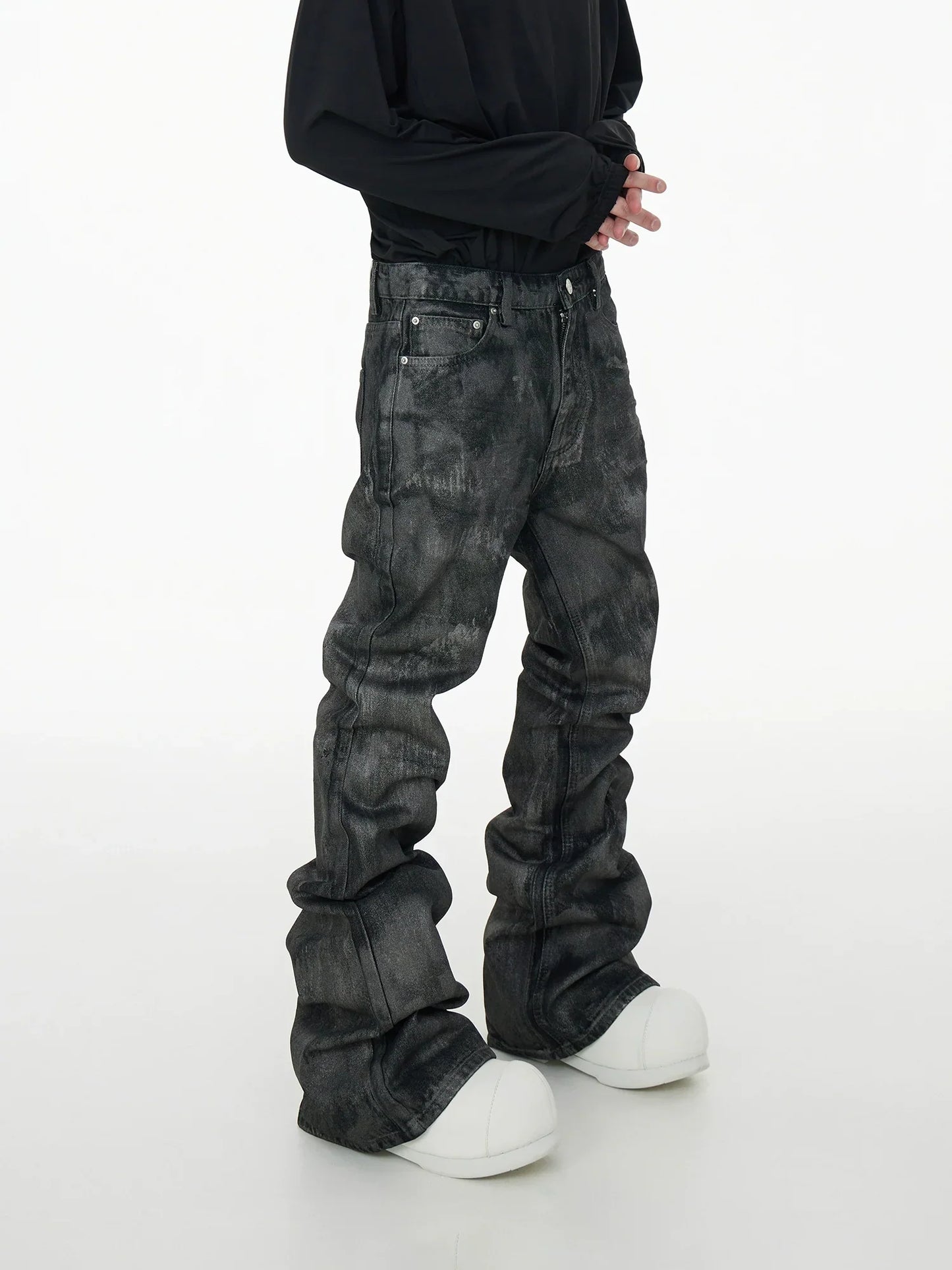 Glitter Coated Acid Wash Black Stacked Jeans