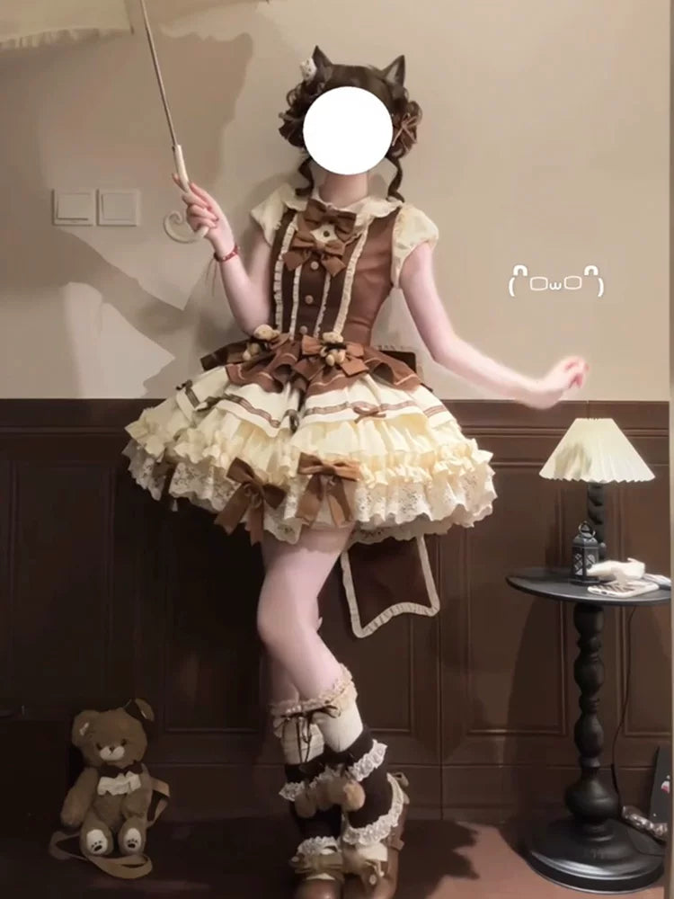 Sweet & Lovely Cocoa Brown Bear Lolita Short-Sleeve Dress Outfit in Brown – Everyday OP Lolita Ensemble for Women