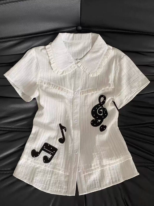 Korean-style Girls’ Note Embroidery White Peter Pan Collar Short-Sleeve Shirt for Women, Summer Light Slim-Fit Blouse