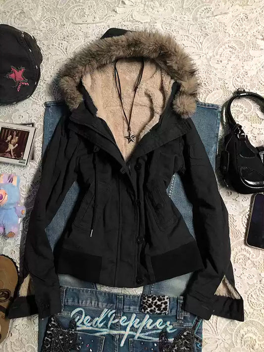Blue lamb wool hooded jacket