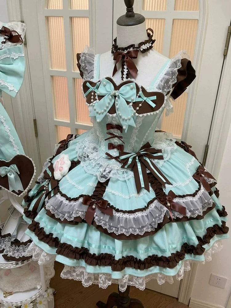 Mint Chocolate Sweet Lolita Dress with Cute Train, Bow Details & Princess Lace Up Chiffon Style
