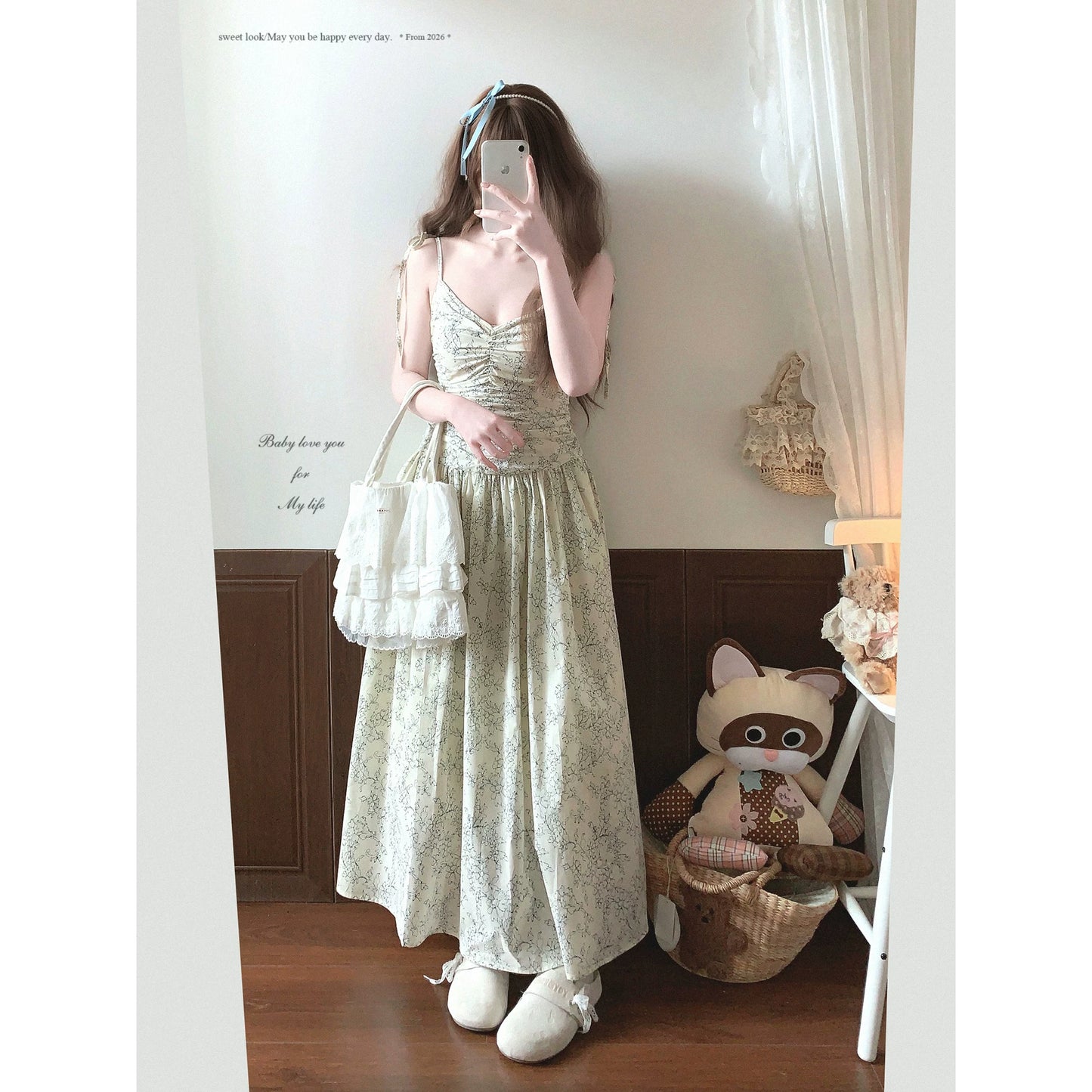 Final Stock XLXY French Vintage Floral Ruffled Smocked Waist Vacation Tie-String Flowy Cotton Slip Dress
