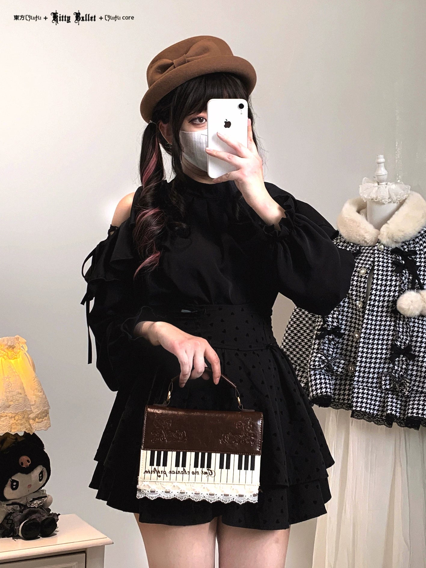 KittyBxllet Original “Ribbon Girl” Off-Shoulder Tie-Up Chiffon Top with Lace Trim Ruffles Long Sleeves