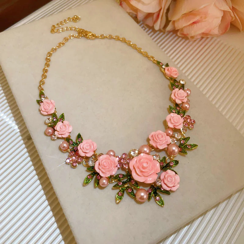 Pearl Collar Necklace with Pink Flowers for Women, Bold Statement Neckwear, 2026 New Fashion Accessory - Pink Flower Pearl Necklace