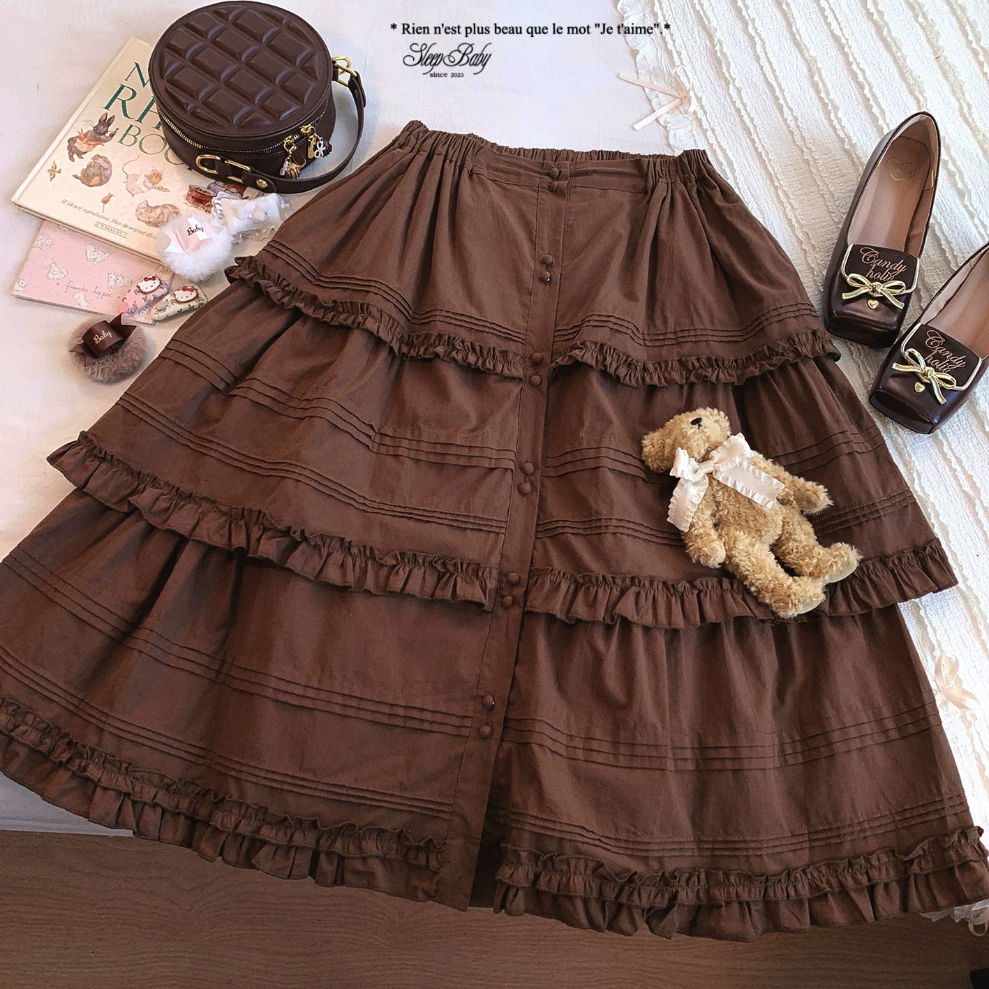 sleepdoll Handmade “Miao Hua Zhi Yuan” Woodland-Inspired Single-Button Sweet Solid Color Pleated Tiered Ruffle Skirt