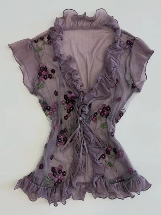 Purple Floral Embroidered V-Neck Ruffle Hem Flattering Slim-Fit Women’s Summer Elegant Lady Short-Sleeve Top