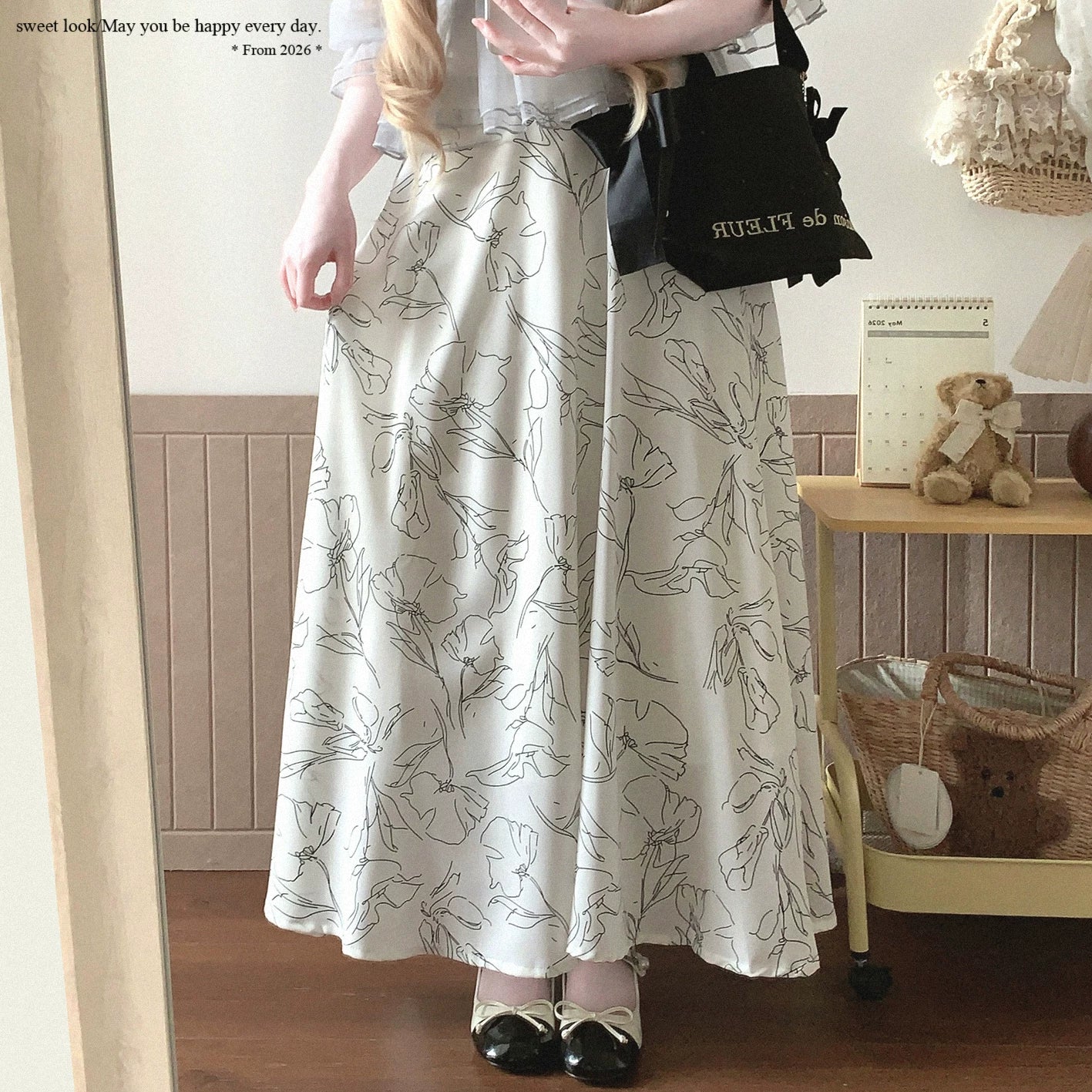 Japanese Single-Line Outline Vintage Flower High-Waisted Ruffled Fishtail Midi Skirt*