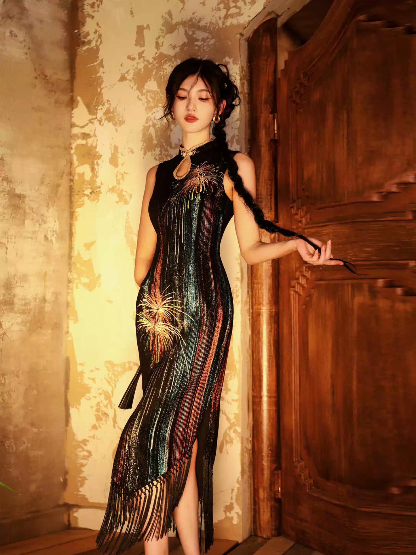 Chenille Embroidery Tassel Cheongsam Dress