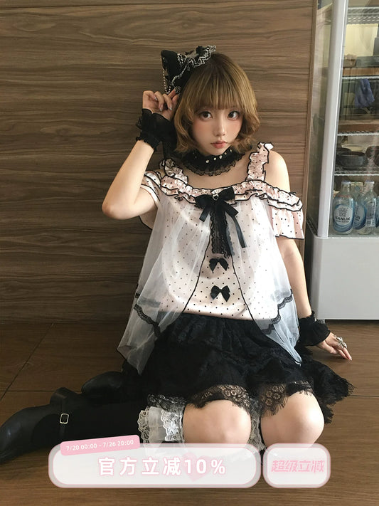 LaLa Sauce Star Lei Polka Dot Tulle Sweetheart Off-Shoulder Top with Bow and Lace Trim Loose Camisole for Girls