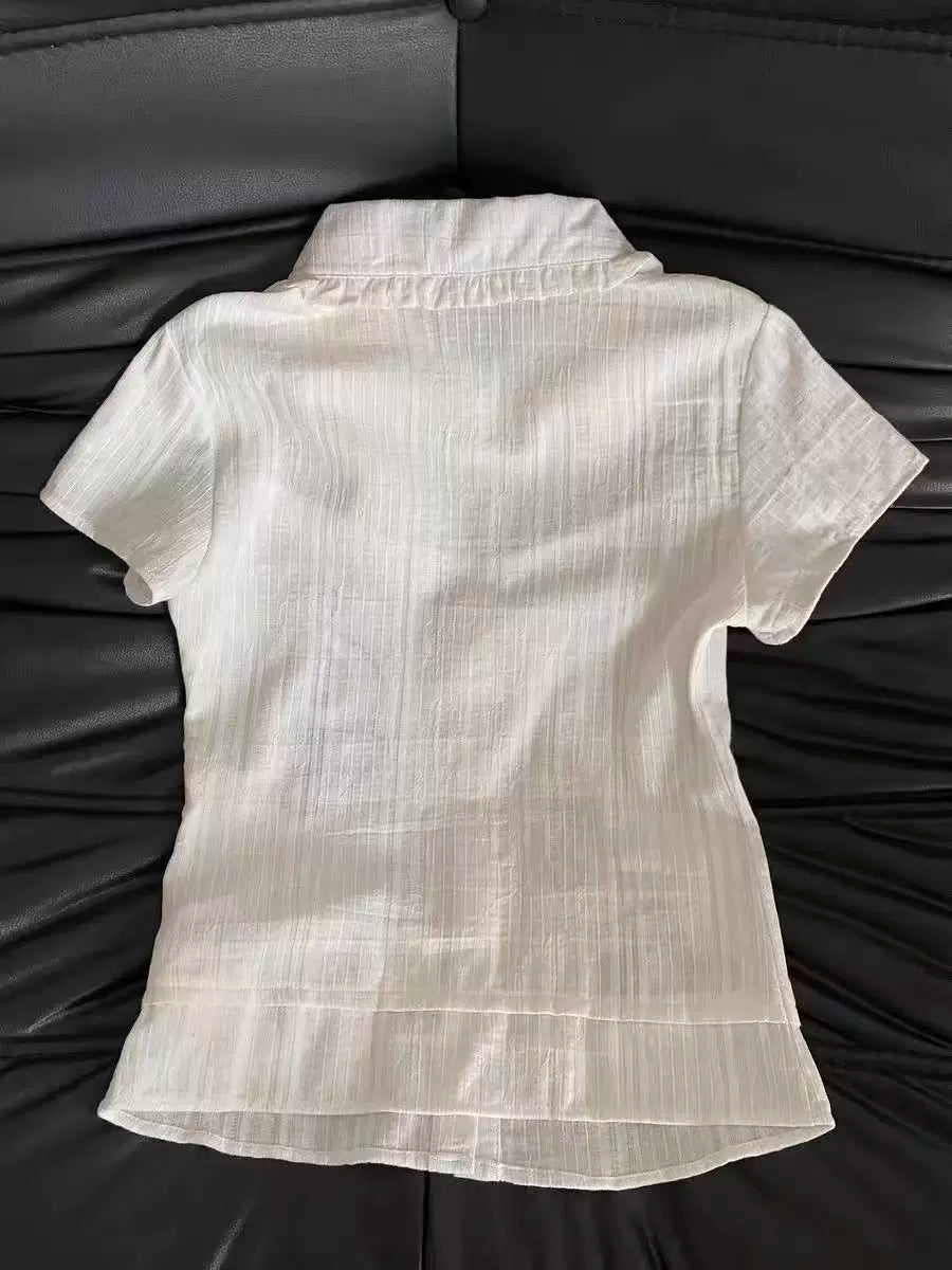 Korean-style Girls’ Note Embroidery White Peter Pan Collar Short-Sleeve Shirt for Women, Summer Light Slim-Fit Blouse