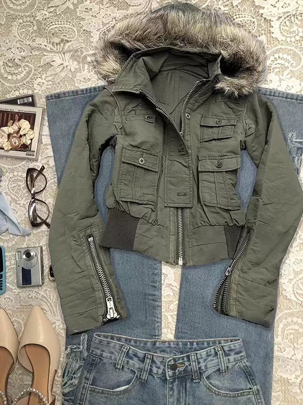military green hooded jacket