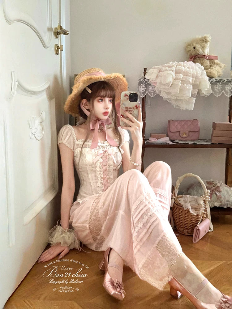 “Flower Mirror” French Girl Vintage Floral Two-Piece Bustier Top T2410