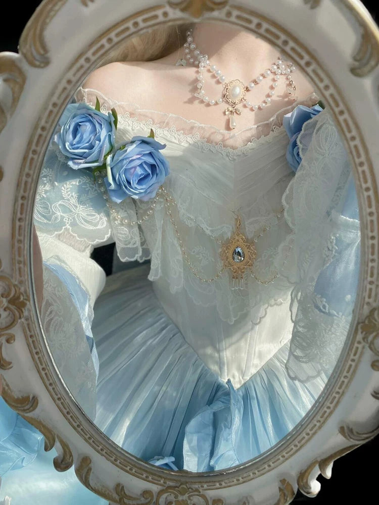 Escaping Princess Gradient Blue Lolita Fairy Long Dress Elegant Lolita Courtwear—Adult Coming-of-Age Heirloom Embroidered Puff Skirt