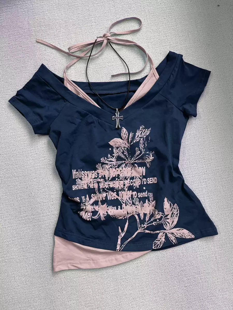 Blue off-shoulder short-sleeved T-shirt