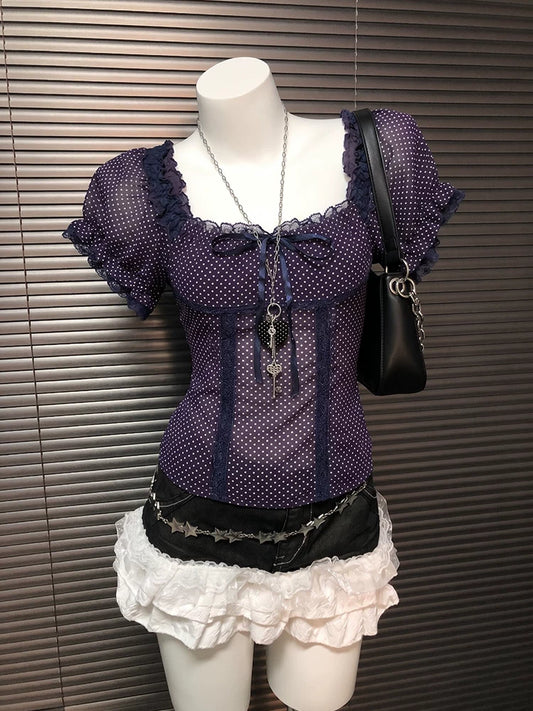 Purple Contrast Lace Polka Dot Puff Sleeve Top for Summer, Women’s Boutique Style