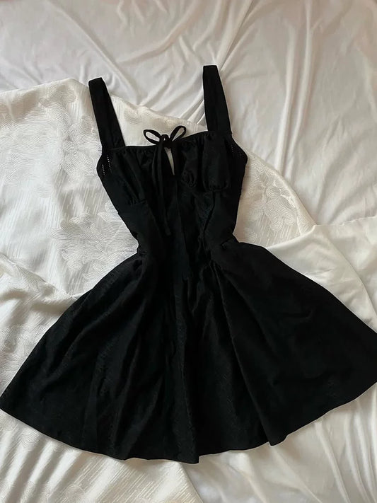 Vintage Hot-Girl Style Black Slip Dress with Spaghetti Straps, Summer Waist-Defining Slimming Fit, Design Sensation Short Dress for Women