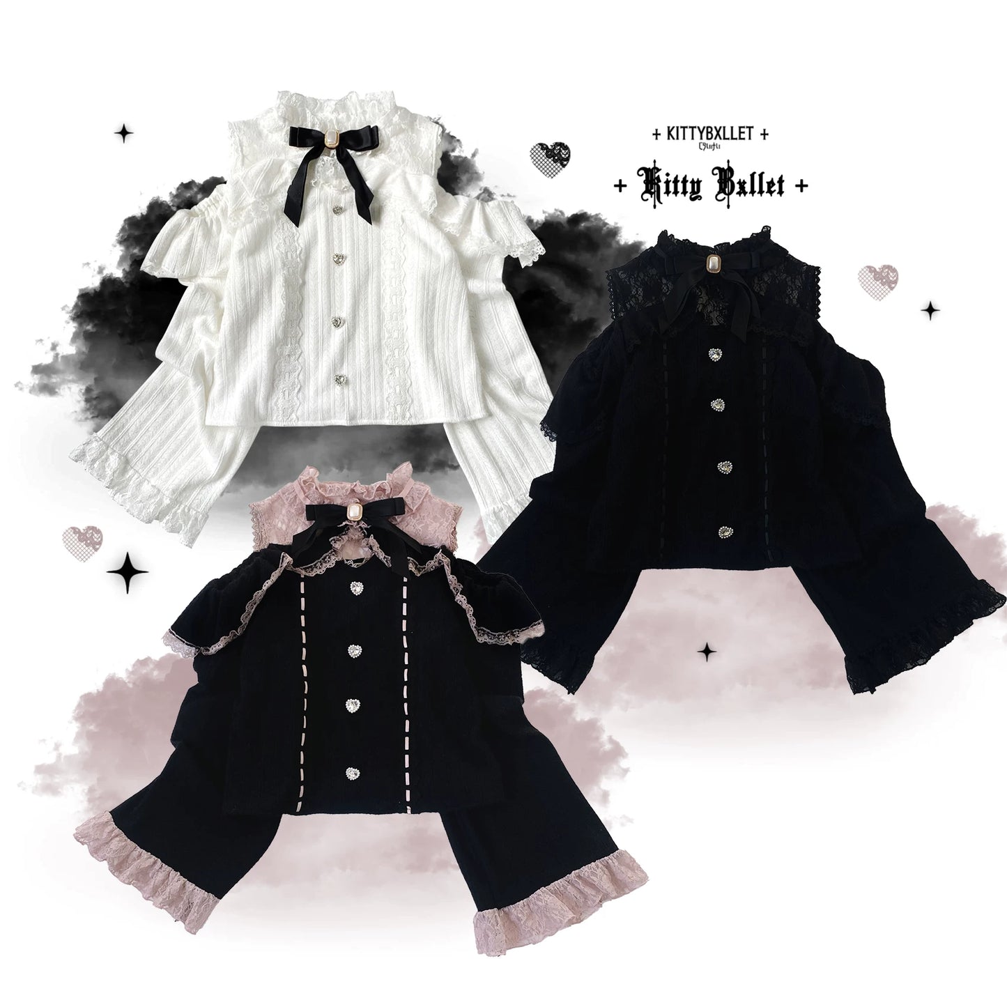 KittyBxllet Original【Love Lace / Autumn-Winter】Lace Sheer “Little Tricks” One-Shoulder Off-Shoulder Top