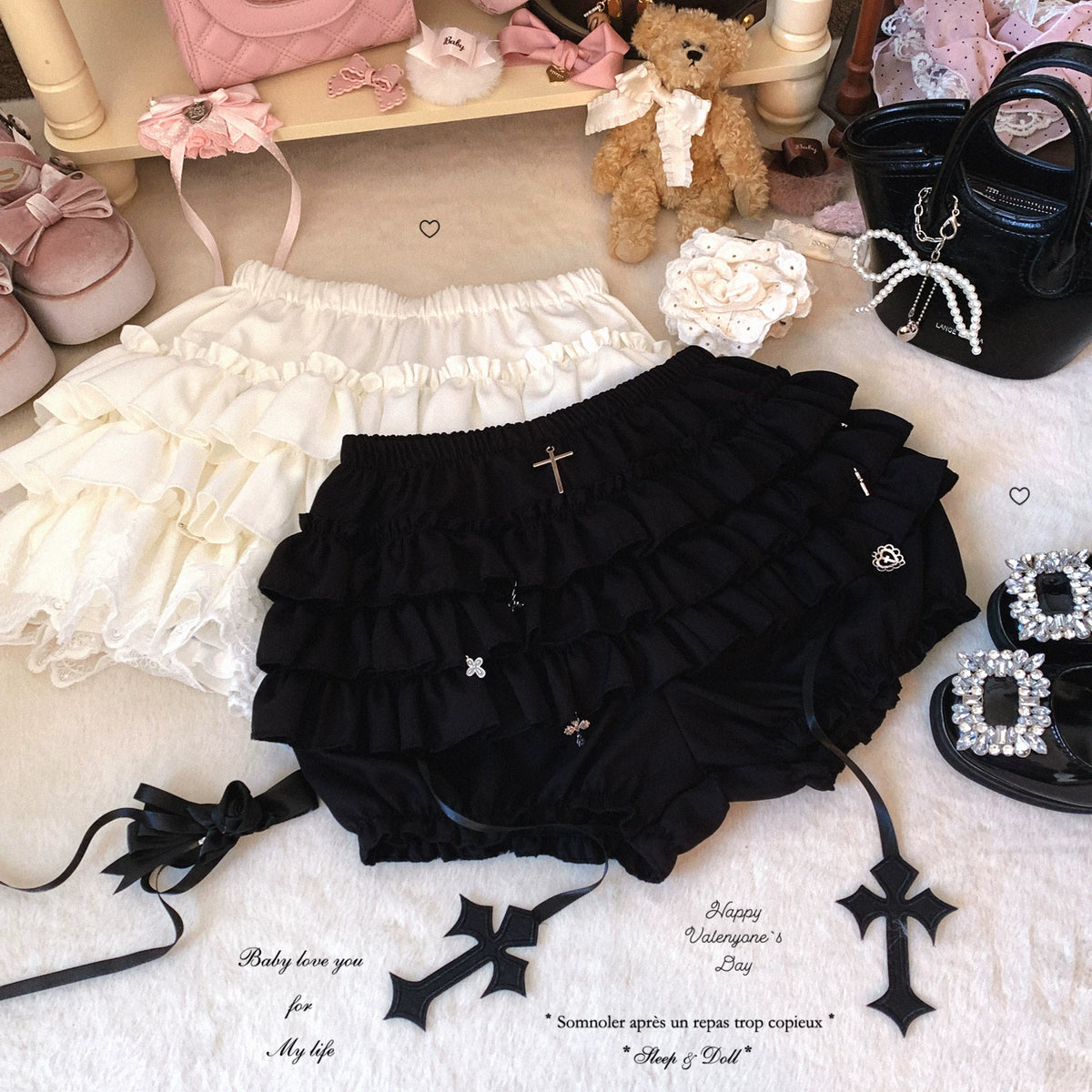 sleepingdoll Handmade Cross Layered Lace Ruffled Cake Half Skirt “Pumpkin Pants”