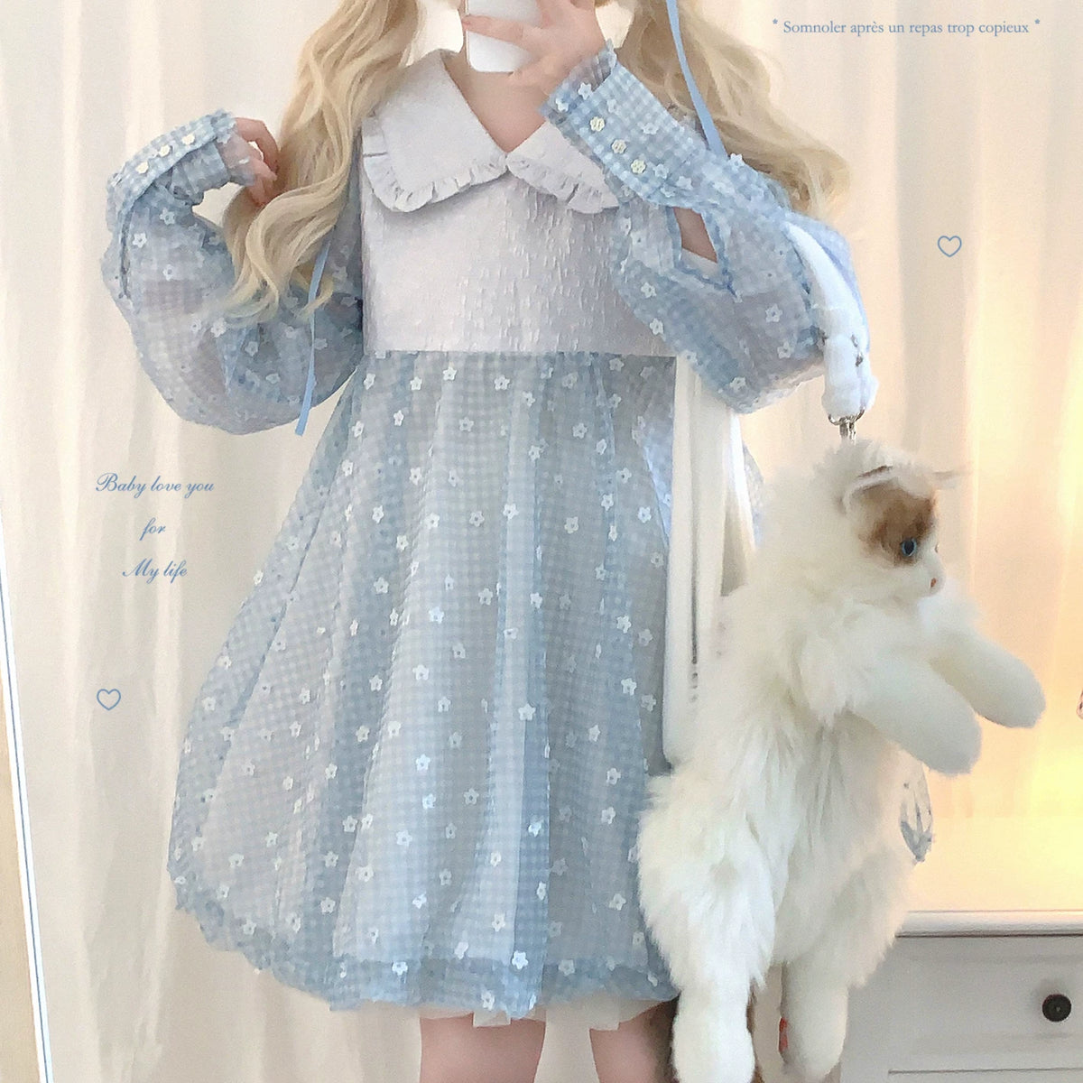 Last-Stock Rcyjs Cute Texture Doll Collar Contrast Printed All-Over Floral Mesh Gingham Pattern A-Line Puff Dress