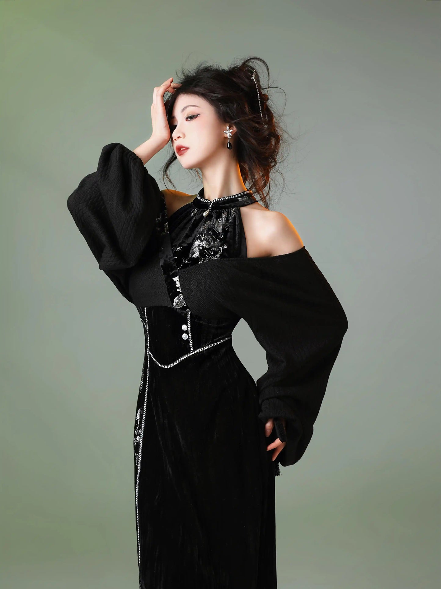 Chinese Style Silver Velvet Cheongsam Dress