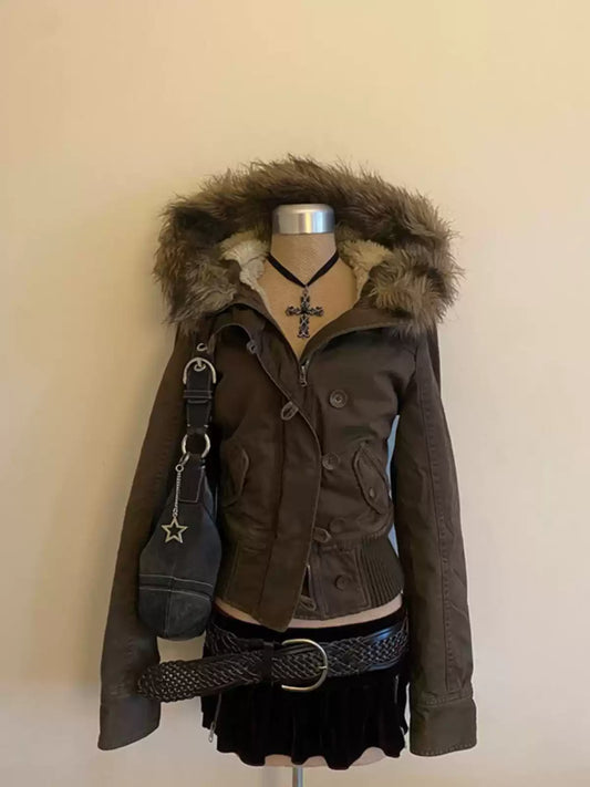 retro Lamb wool hooded jacket