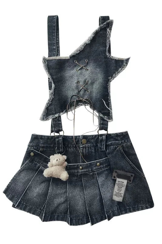 Y2K Star Denim Overall Skirt + Inner Top Skirt