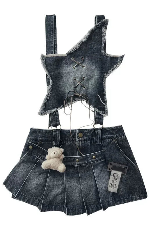 Y2K Star Denim Overall Skirt + Inner Top Skirt
