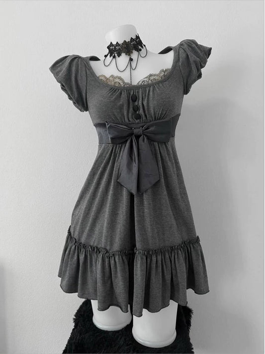 Grey Bowknot Sweet & Youthful Puff Sleeve Summer Dress for Women