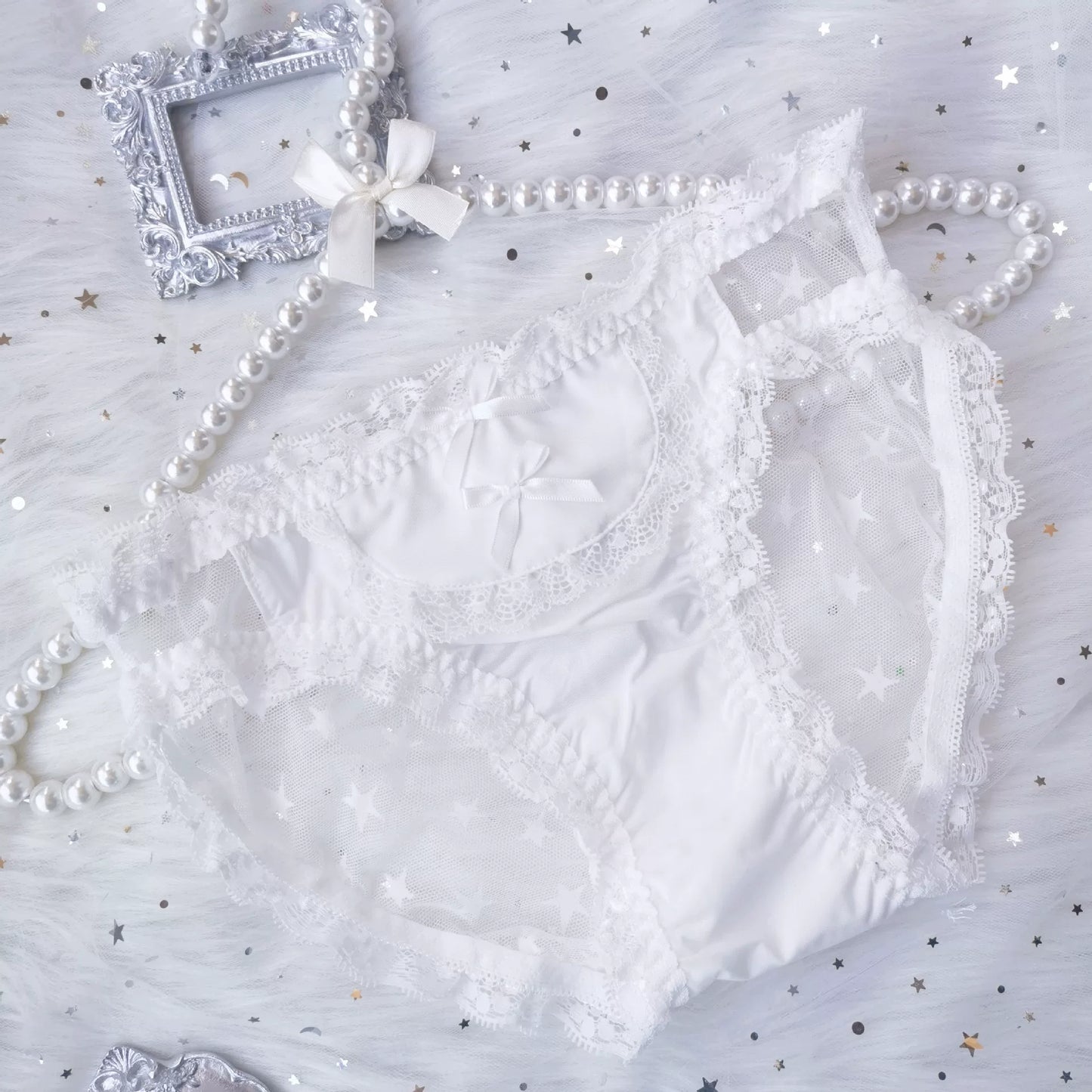 Japanese Lolita School Uniform Maid Ice Silk Panties (Dark Low-Rise) with Bow, Lace Lolita-Style Triangle Panties