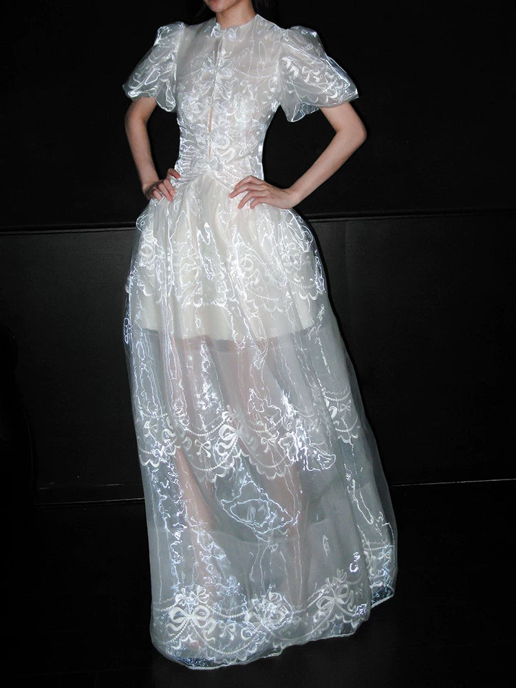 Elegant Bridal Reception Dress for Women, French-Inspired White Lace with Puff Sleeves and Round Neck