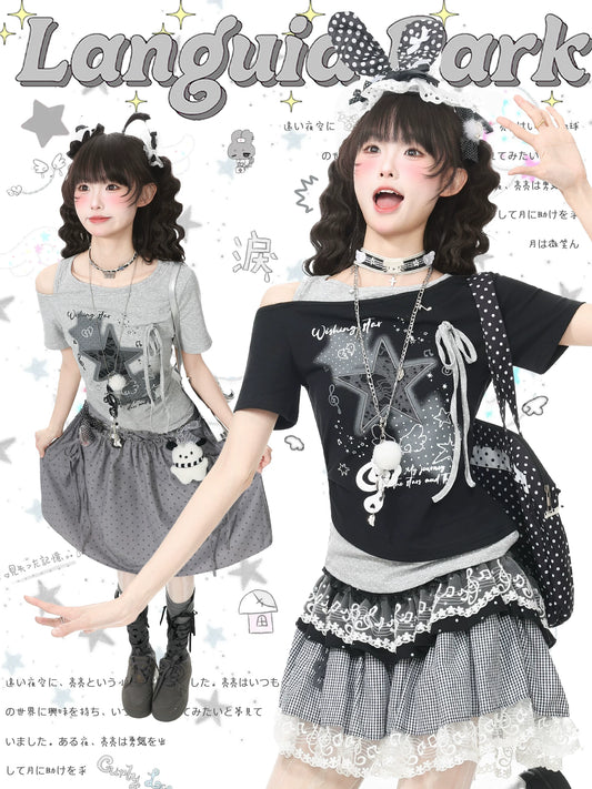 Languid Park “Blue Ghost Park” Off-Shoulder Star Print Draped Hole Faux Two-Piece Short Sleeve T-Shirt for Women