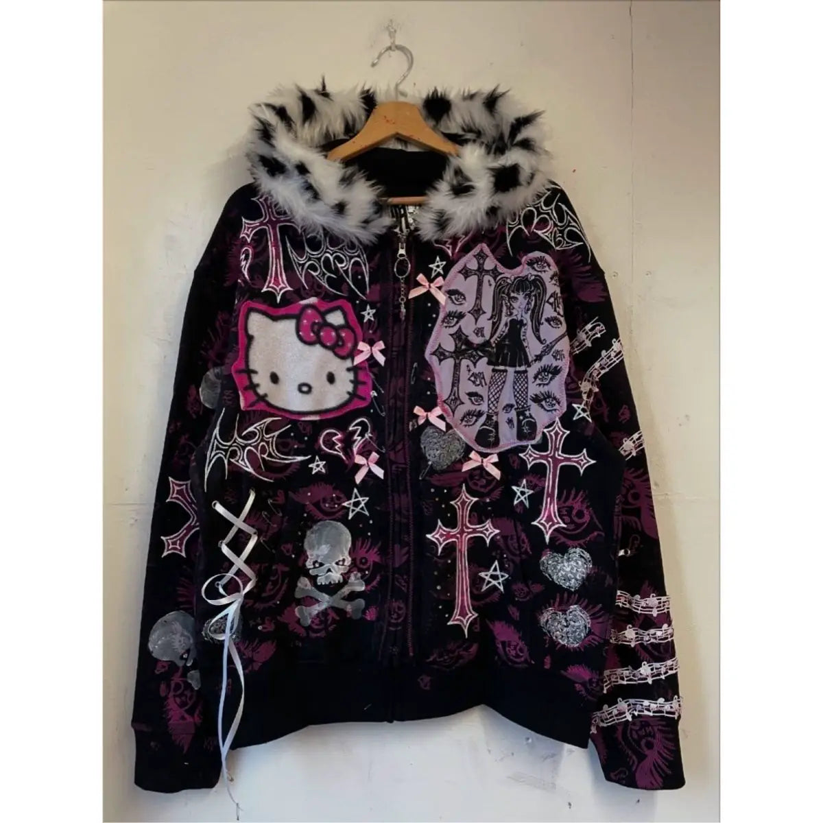 Y2K Punk Hoodie Jacket | Harajuku Gothic Graphic Sweatshirt with Cat Skull Design