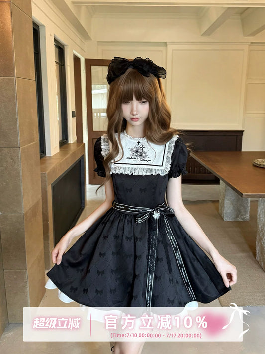 Lala Sauce—Twin Narcissus Black & White Vintage Doll-Style Dress with Exquisite Narcissus Embroidery, Waist-Defined Fit
