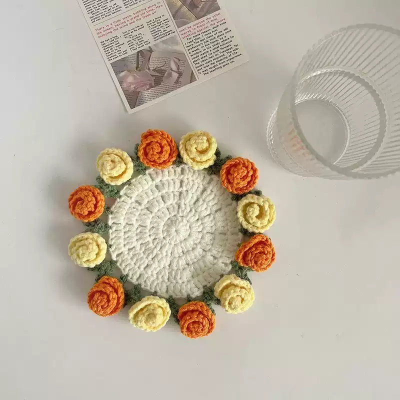 hand-crocheted rose coasters