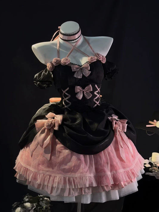 Black Rose Lolita Dress Wedding Dress Lolita Floral Sweet & Spicy Fishbone Flared Tulle Gown “In-Runaway Princess” Dress + Flower + Train