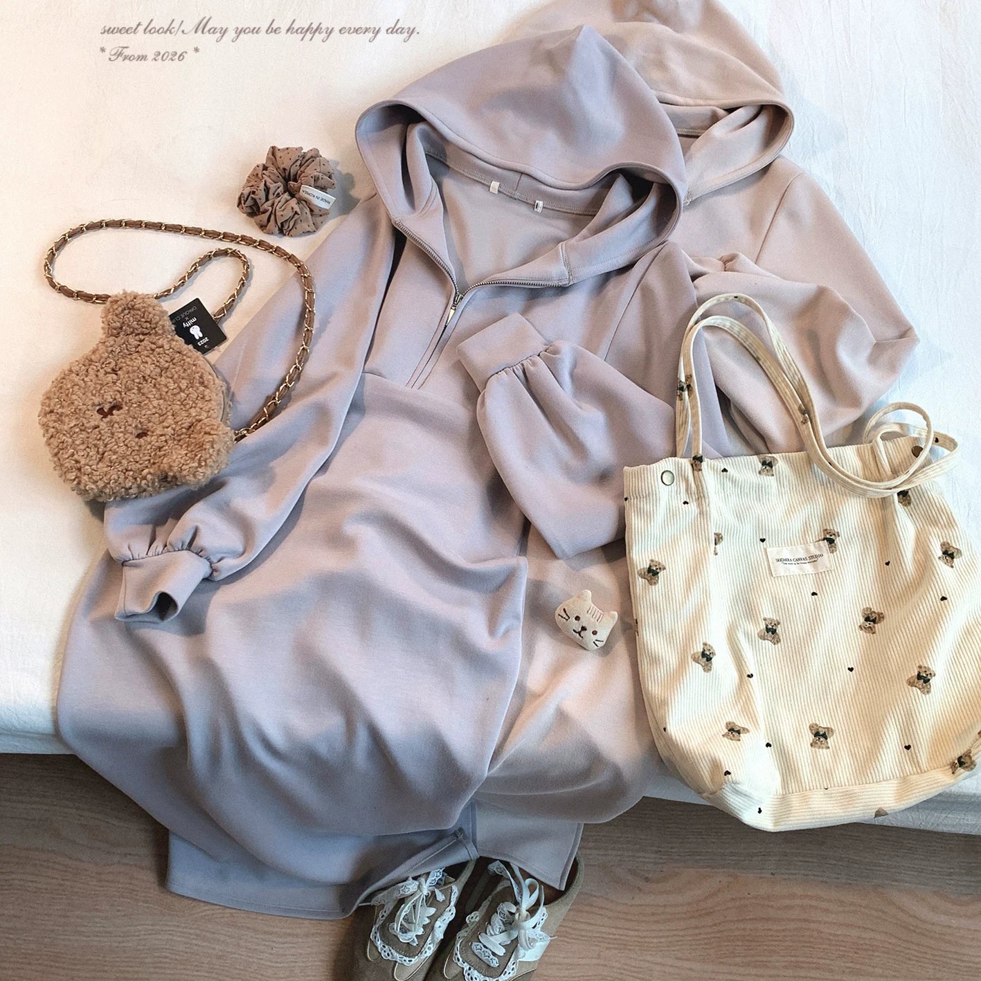 Last-Stock GR* Solid Color Minimalist Hooded Sweatshirt Dress, Casual Everyday, Versatile Zip-Front Dress